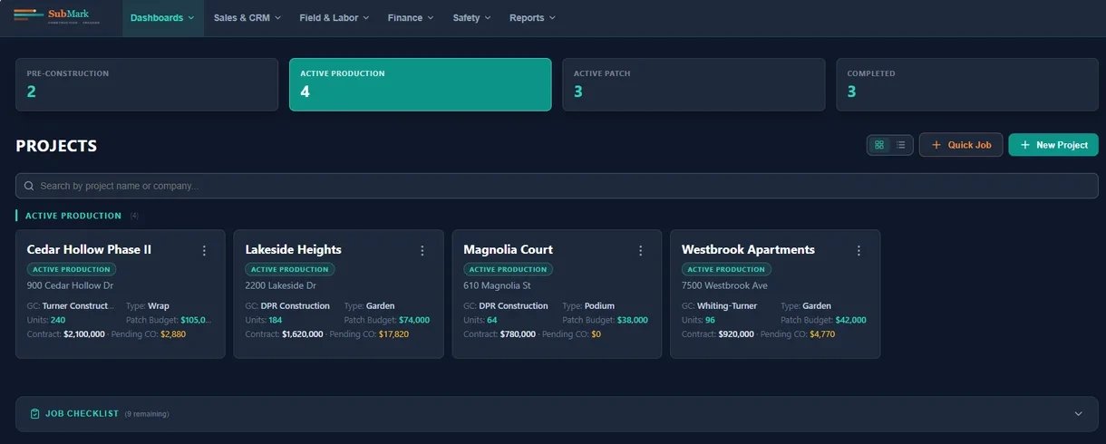 SubMark dashboard showing every active job with its GC, contract value, units, patch budget, and pending change orders