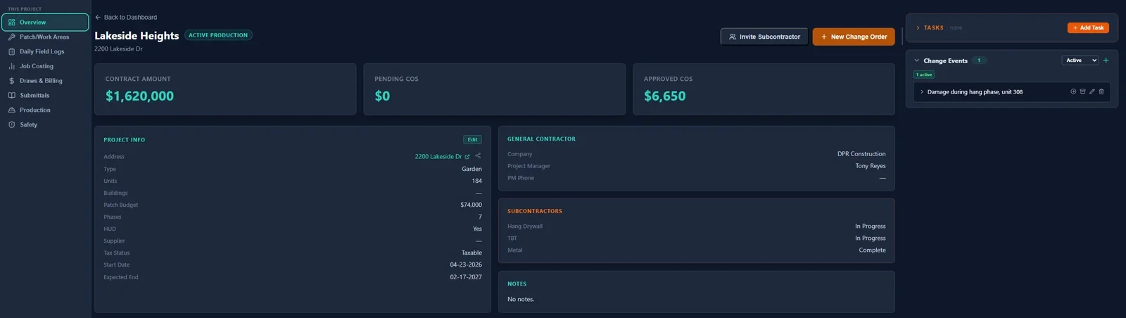 A SubMark project overview: contract amount, pending and approved change orders, project info, GC and subcontractor status, and live change events